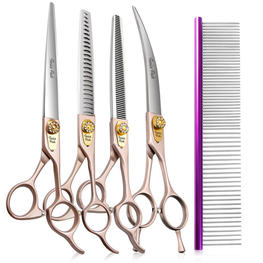 Fenice Peak 7.5‘’ Professional Dog Grooming Scissors Set Rose Gold 440C Stainless Steel Straight Thinning Curved Chunker Shears 4pcs Set for Pet Grooming Services Dogs and Cats