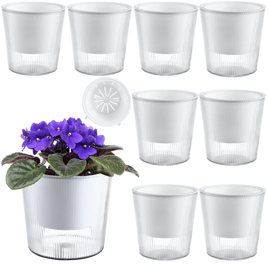 8-Pack 4.5 Inches Clear Self-Watering Planters and Pots for Indoor Plants Small Orchid Plant Pots Plastic Wick Flower Pots, African Violet Pot Set, Home Decor Pot