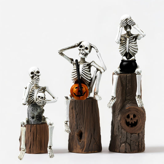 Set of 3 Skeleton Shelf Sitters – Halloween “See No Evil, Speak No Evil, Hear No Evil” Figurines – Gothic Skull Decoration with Legs Dangling – Spooky Funny Shelf Decor for Home, Party, Office