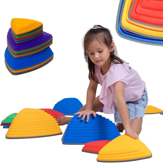 12 Pcs Non-Slip Stepping Stones for Kids – Obstacle Course, Indoor & Outdoor Sensory Playground – Develop Balance & Coordination – Includes Hopping Stickers (Rainbow Colors)