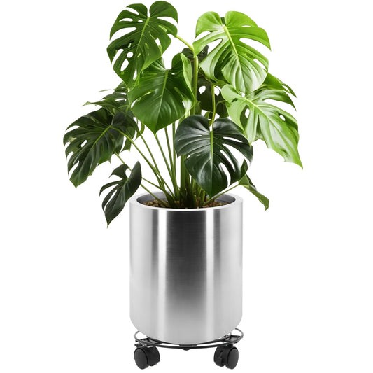 Longrun 11.8 Inch Dia Round Planter, Modern Indoor Outdoor Large Stainless Steel Plant Pot and Plant Caddy with Wheels for Home Patio Garden, Easy to Clean and Move