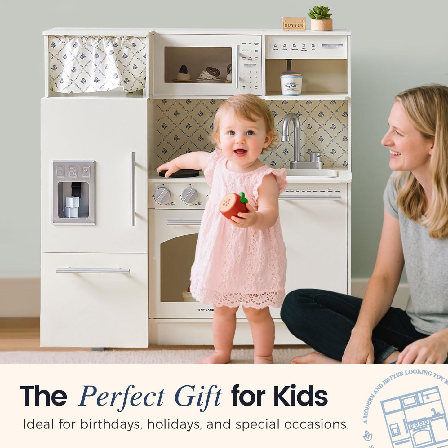 Tiny Land Play Kitchen for Kids, Upgraded Wooden Kitchen Toy with Complete Play Areas, Pretend Cooking Set with Sink, Stove, Microwave, Toy Coffee Station & Storage for Kids Ages 3+