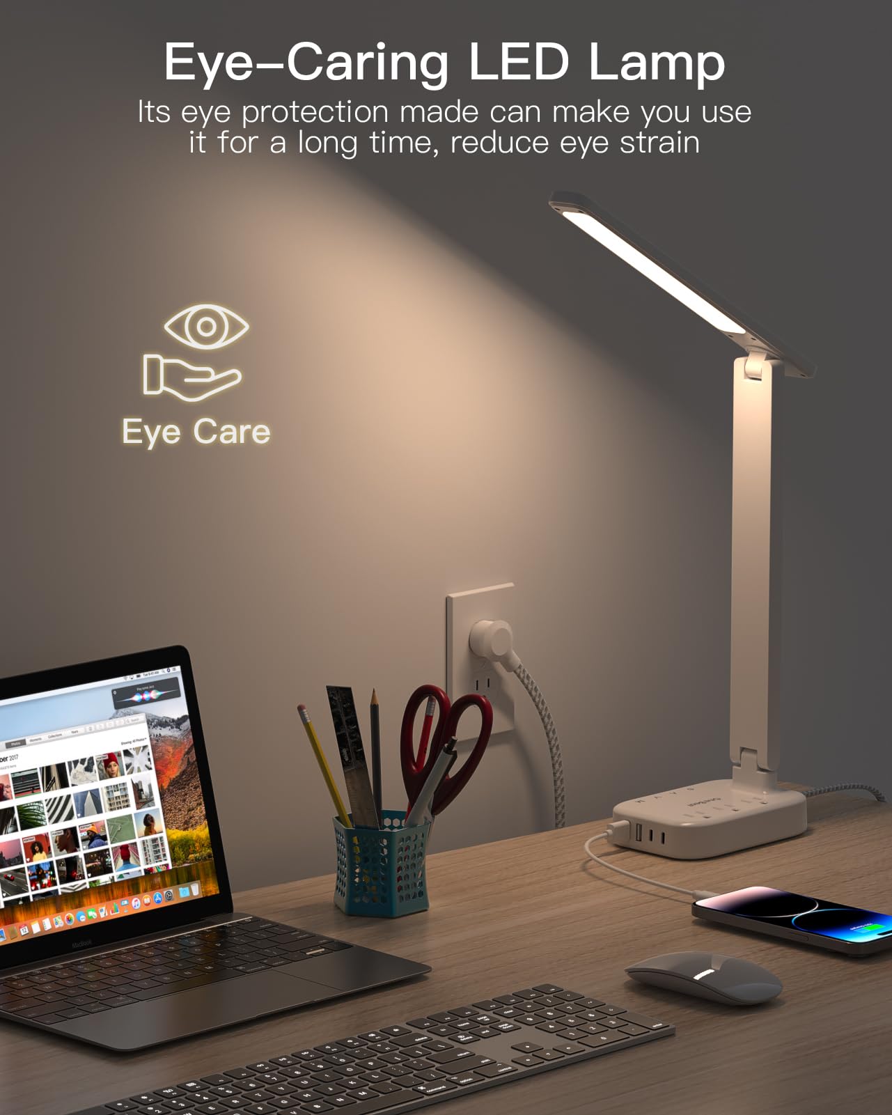 One Beat LED Small Desk Lamp Power Strip 5ft Extension Cord, 3 Outlets, 4 USB Ports(2 USB C), 4 Modes, 5 Level Touch- Home, Office, Bedroom, Bedside, Study Reading Light, Dorm Room Essentials, White