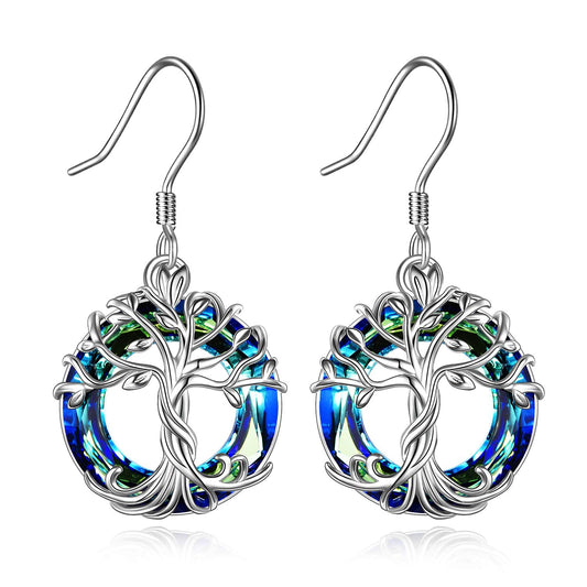 TOUPOP Tree of Life Earrings for Women Sterling Silver Family Tree Drop Dangle Earrings Blue Circle Crystal Jewelry Birthday Mothers Day Gifts for Women Mom Her