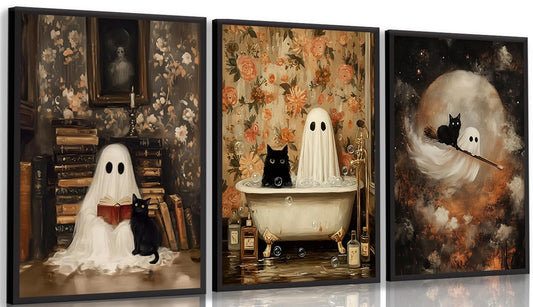 3Pcs Halloween Ghost Wall Art Funny Gothic Moody Ghosts and Black Cat Painting Picture Wall Decor Reading Horror Dark Academia Poster Print Artwork for Bathroom Livingroom Home Decoration Unframed