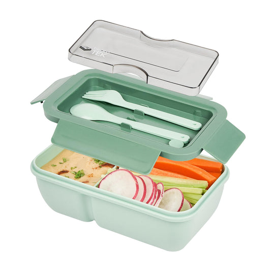 Restaurantware-Bento Tek 28.7 Ounce Bento Box, 1 Reusable Lunch Container - With Fork And Spoon, Does Not Contain BPA, Green Plastic Reusable Lunch Box, Microwavable, Dishwashable