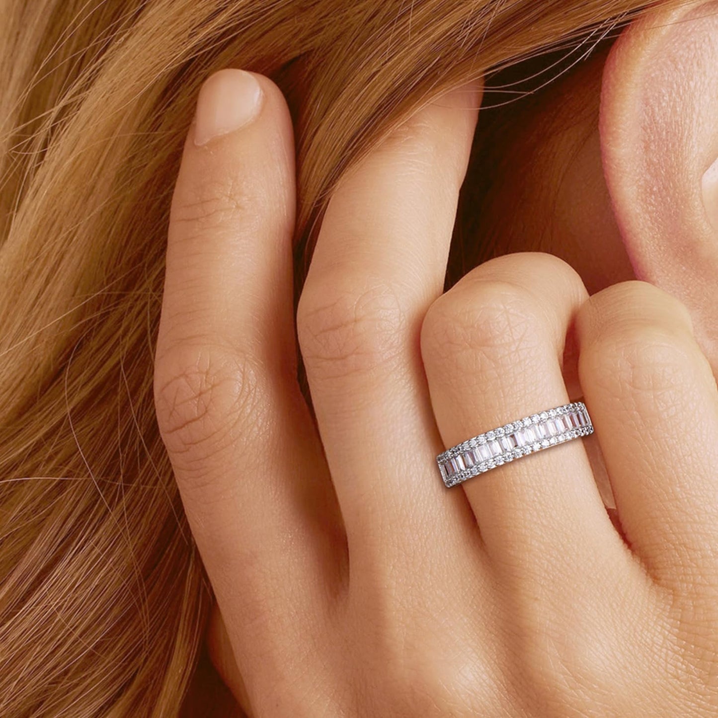 RANDES Channel Diamond Wedding Band Sterling Silver 6mm Thick Cz Emerald Cut Half Eternity Band Cubic Zirconia Rings for Womem Size 9