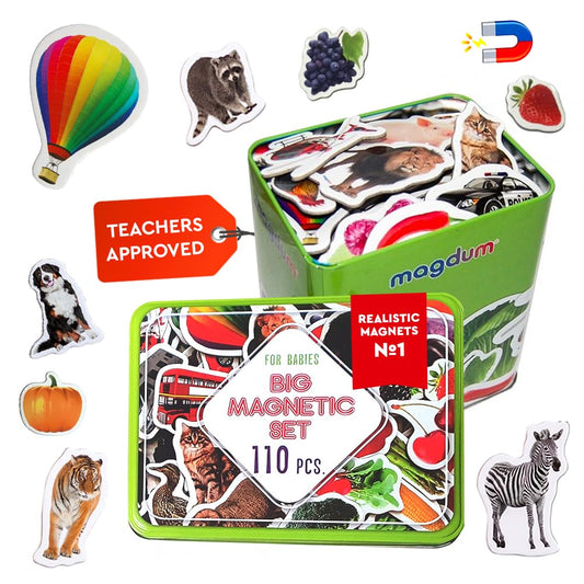 110 Fridge Magnet for Toddlers in Gift Tin Box Kids Magnets for Fridge - Realistic Magnetic Animals for Refrigerator - Safe Educational Materials for Baby: Zoo, Farm, Fruits, Vegetables, Transport