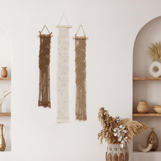 HVEST 3 Pcs Small Macrame Wall Hanging Boho Decor Handmade Woven Tapestry for Bedroom, Brown Macrame Wall Art for Living Room Nursery Apartment Office Home Decor