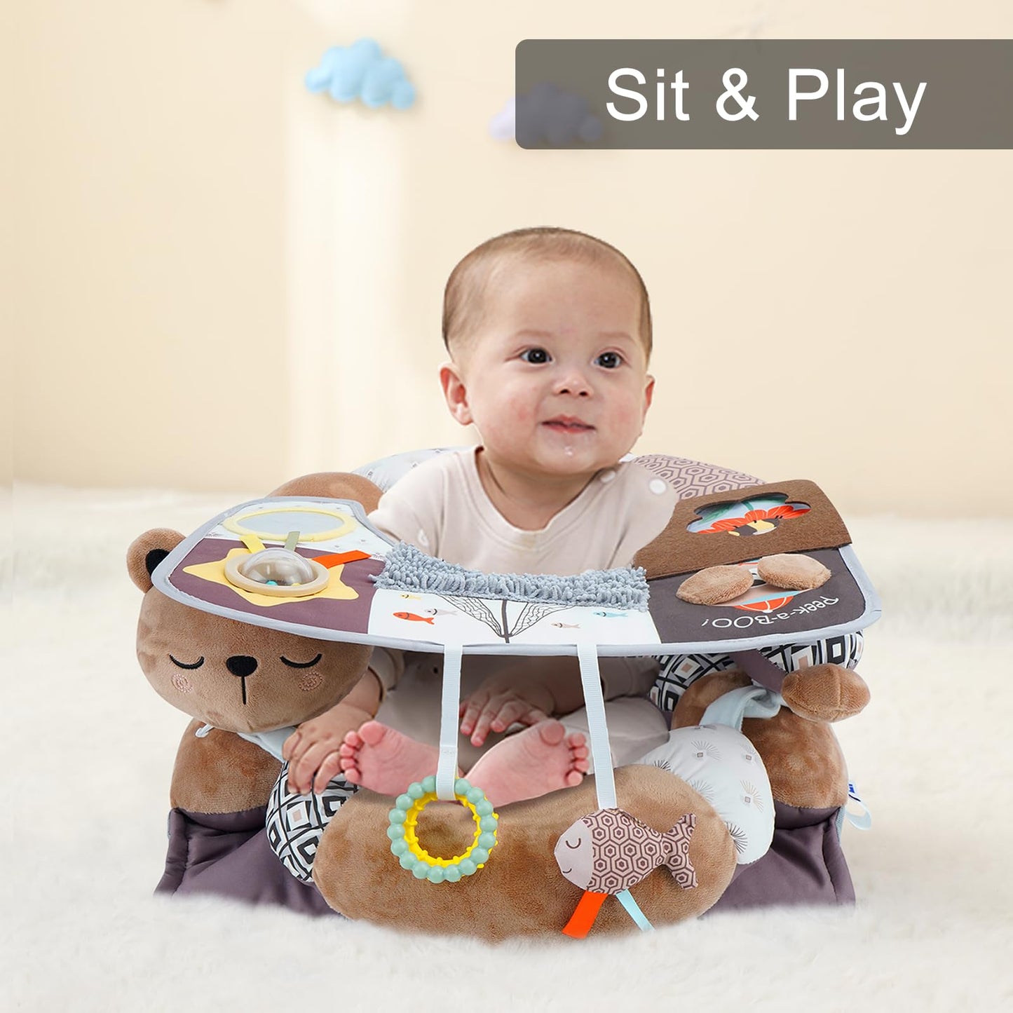Lovvie & Joy 2-in-1 Tummy Time Mat & Seated Support Pillow,Baby Tummy Time Pillow Support for Newborns and Older Babies,with Detachable Support Pillow and Toys Bear