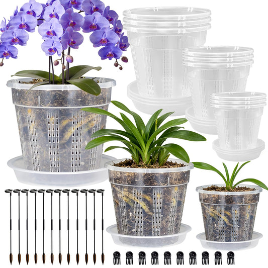 Orchid Pot with Saucers, 9 Pack Orchid Pots with Holes and 12Pcs Plant Stakes, 3 Each of 4.3",5.5",6.1" Clear Plastic Plant Pot for Indoor Outdoor Plants(3 Each of 4.3", 5.5", 6.1" + Saucers)