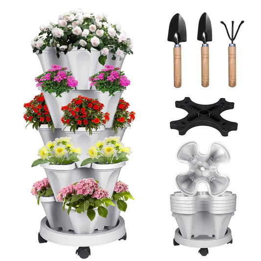 Bociks Vertical Strawberry Planter 5 Tier Stackable Tower Herb Planters-Stacking Garden Outdoor Planter Pot With Tools Mover For Succulents, Vegetables and Flowers