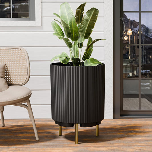 FONTOI 20.3'' Planter Stand, Plastic Striped Planter Stand with 3 Holder, Round Plant Stand for Outdoor/Indoor Planters, Plant Stand for Tall Plants Porch Decor, Black
