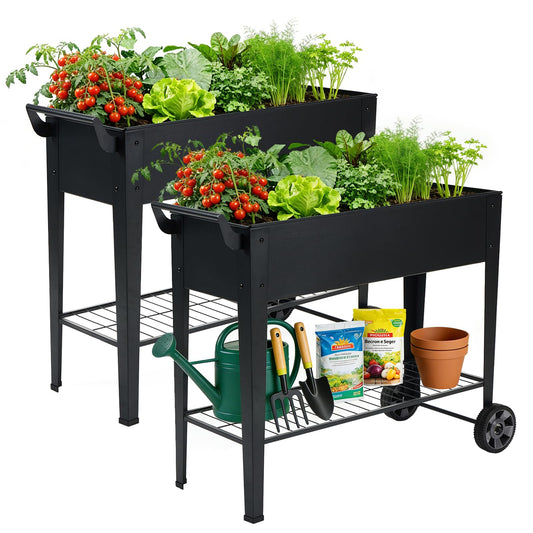 FOYUEE 2-Pack 32”Height Elevated Raised Garden Bed with Wheels & Storage Shelf, 400 Lbs Capacity, Anti-Rust, Space-Saving Planter for Vegetables, Herbs, Patio, Balcony, Backyard