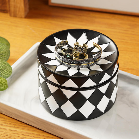 Cmrweio Decorative Storage Box with Lid, Black and white checkerboard Jewelry Box, Modern Round Decorative Box for Dresser, Coffee Table, Entryway Ideal for Jewelry, Trinkets And Small Accessories