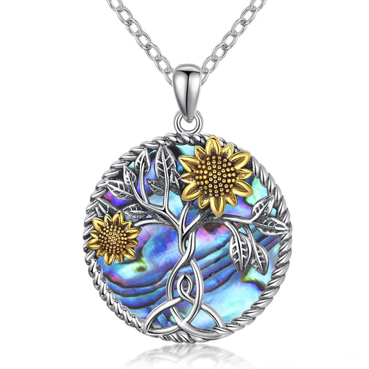CHENGHONG Sunflower Abalone Necklace 925 Sterling Silver Tree of Life Pendant Necklace You are My Sunshine Sunflower Jewelry Gifts for Women