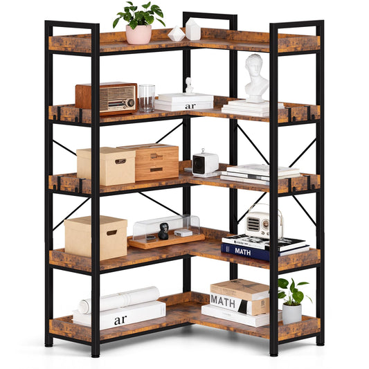 GTPLAYER 5-Tier Corner Bookshelf, L-Shaped Metal Frame Shelf with Tall 14" Shelves, Plant Stand and Storage Rack for Small Spaces, Living Room and Home Office, Rustic Brown