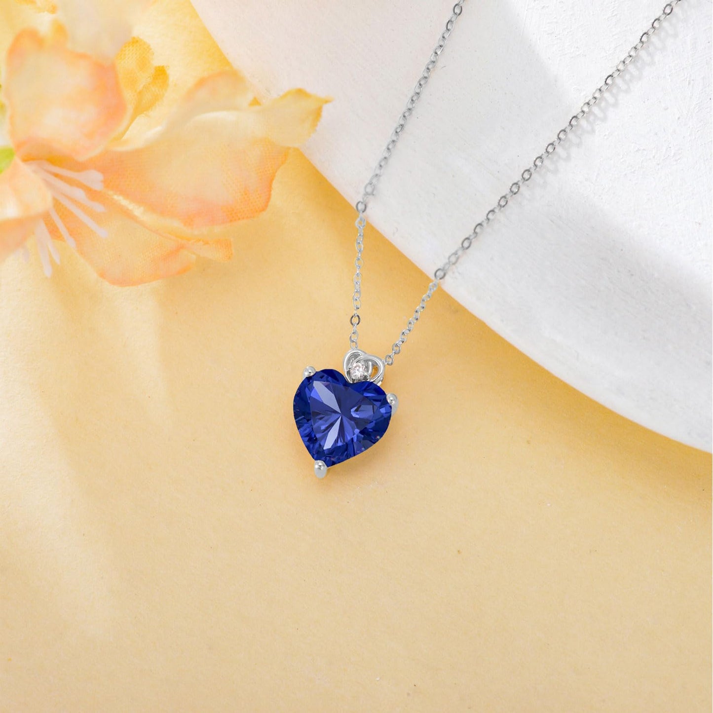 NFYBD 14k White Gold Love Heart Blue Sapphire Birthstone Pendant Necklace for Women 3 Carat Heart-cut Created Gemstone Anniversary Birthday Mother's Day Necklaces for Her-sept