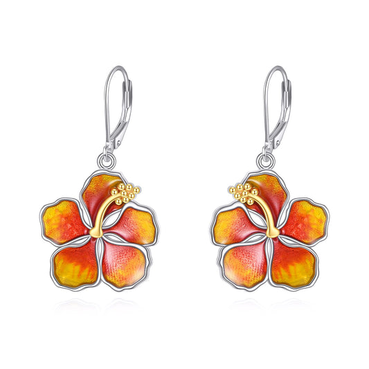 TIGERRIDER Hibiscus Flower 925 Sterling Silver Leverback Earrings Hawaii Jewelry Gift for Women Birthday Christmas