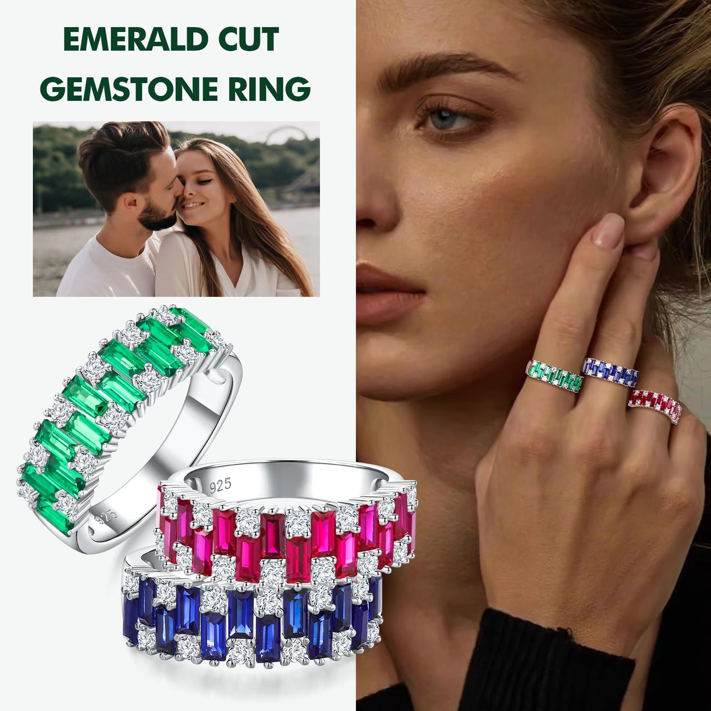 RANDES Emerald Rings for Women Engagement Eternity Band 7mm Emerald Cut Green Stone Ring for Wedding Anniversary Size 6