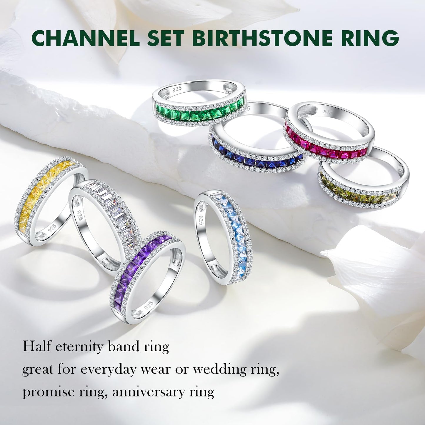 RANDES Citrine Yellow Rings for Women Channel Set Emerald Cut Eternity Band 925 Sterling Silver November Birthstone Rings Size 8