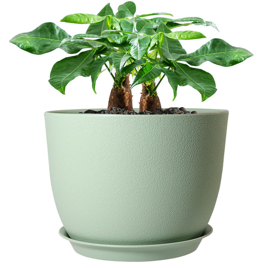 UOUZ 12inch Large Plant Pot, Modern Plastic Planter with High Driange Holes and Saucer for Indoor Outdoor Garden Plants and Flowers, Green