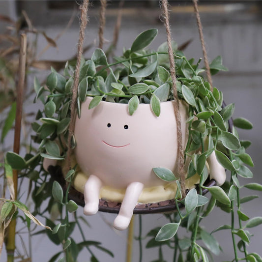 UMESONG Hanging Swing Chair Planter Pot Smiley Face Planter for Indoor Outdoor Plant Cute Head Resin Flower Pots for String of Pearls Plant Live Unique Gift IdeaI for Mother Day, Christmas (Large)