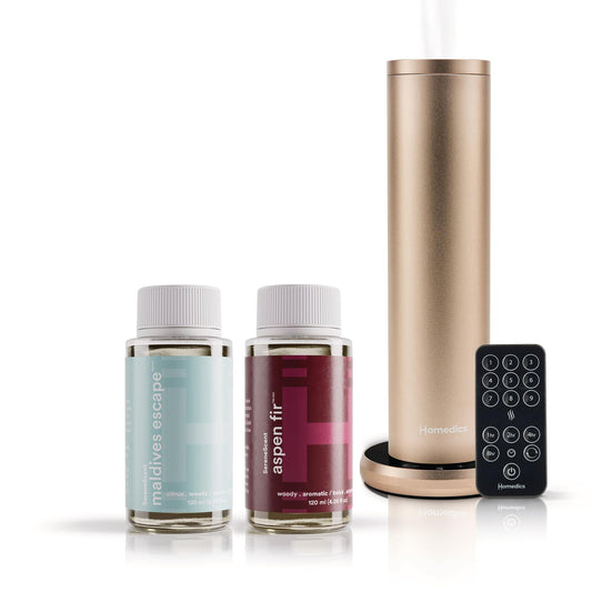 Homedics SereneScent Waterless Home Fragrance Diffuser & Oils Set, Includes 2 120ml SereneScent Oil Bottles, Maldives Escape and Aspen Fir, Patented Air Diffusion Technology, Large Rooms
