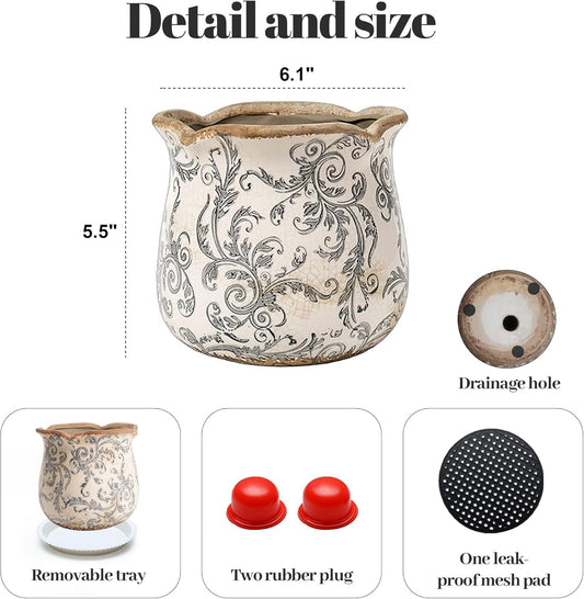 WK WENKRYGDN Vintage Ceramic Planter, Vintage Planter Pot with Floral Edges, Ice Crack Flower Pot with Drainge Hole Decorative Planter for Indoor and Outdoor Tuscan Decor Vase Gardening Gift