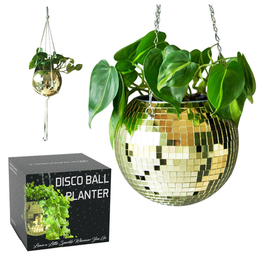 SCANDINORDICA Disco Ball Planter – Disco Ball Plant Hanger, Mirror Disco Planter with Chain, Macrame Hanger, Acrylic Stand and Insert Pot, Hanging Planter | Disco Ball Decor – 20 cm (8“) Gold