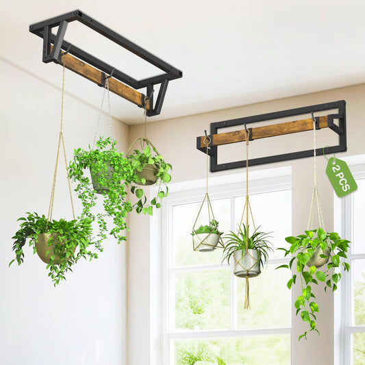 iDavosic.ly Plant Hanger Indoor Set of 2 for Wall & Ceiling, Metal and Wood Hanging Rod with 6 Hooks, Floating Flower Display Shelf for Window, Space Saving (Pots/Chains/Plants Not Included)