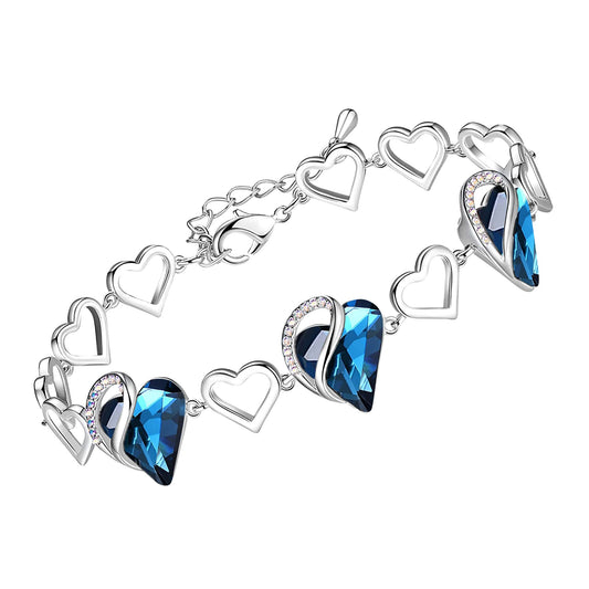 Leafael Infinity Love Heart Gift Bracelet for Women, September Birthstone Crystal, Bermuda Sapphire Blue, Silver Tone, 7-inch Chain and 2-inch Extender