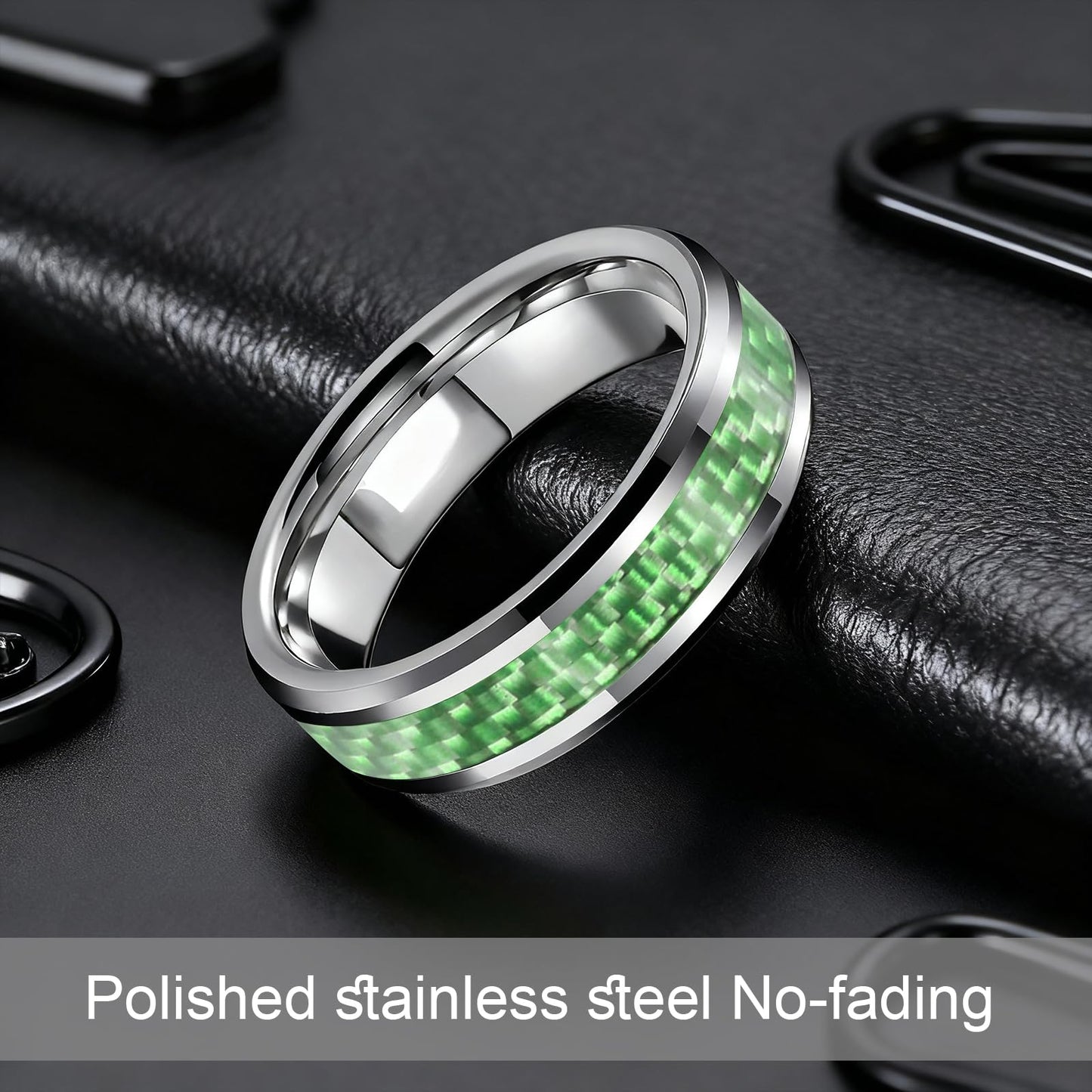 HJIMMNHONG New Carbon Fiber Fashion Rings Double Beveled Edge Delicate Polished Simple Stainless Steel Mens and Women Rings,8mm,Green,Size 8