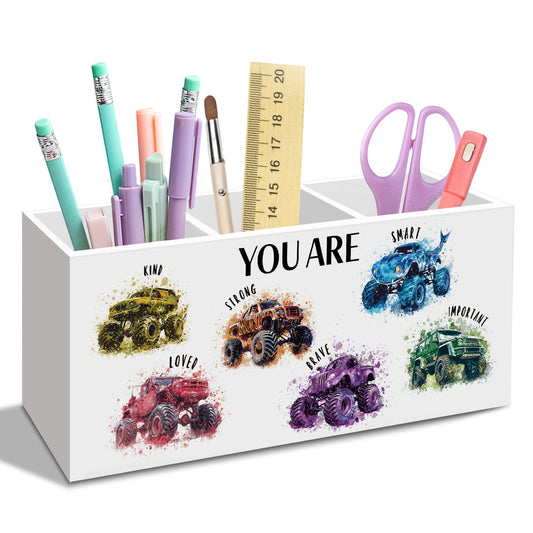 nvucamd Inspirational Monster Trucks Pen Pencil Holder for Desk, Motivational Office Desk Accessories, Boys Kids Positive Truck Pen Holders Organizer for Classroom Bathroom, You Are Kind