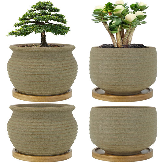 MUZHI Rustic Small Plant Bonsai Pot with Bamboo Tray Set of 4, Unglazed Ceramic Cactus Planter Pot Indoor with Drainage Hole 4Inch 5Inch
