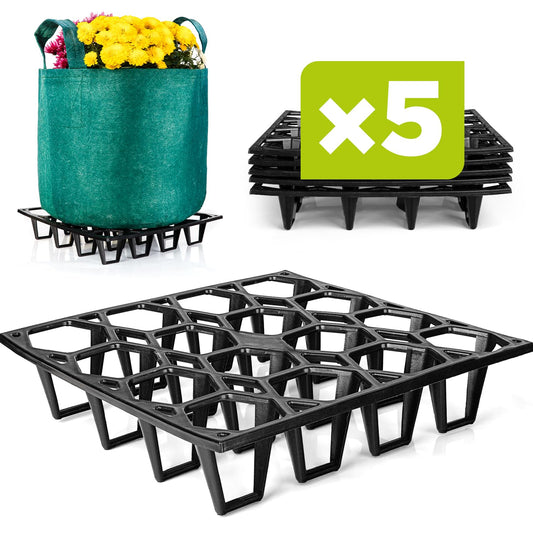 Cannrise Plant Riser – Modular Pot Spacer for Grow Bags, Planters & Containers – UV-Resistant Drainage Tray for Airflow, Root Health & Cleaner Surfaces (Standard Black, 5 Pack)