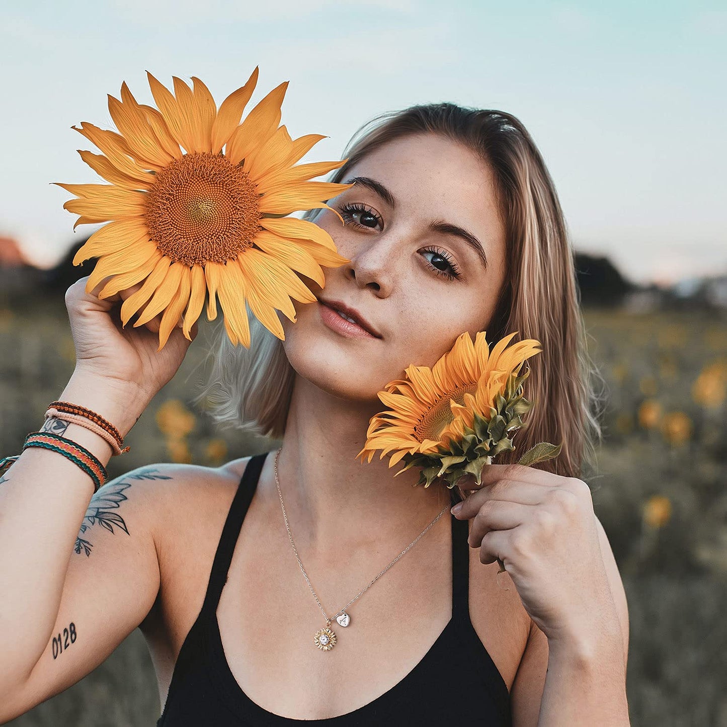 MONOZO Sunflower Gifts for Women Trendy, Dainty 14K Gold Plated CZ Heart Initial C Pendant Sunflower Necklace for Her You Are My Sunshine Sunflower Necklace Sunflower Gifts for Women