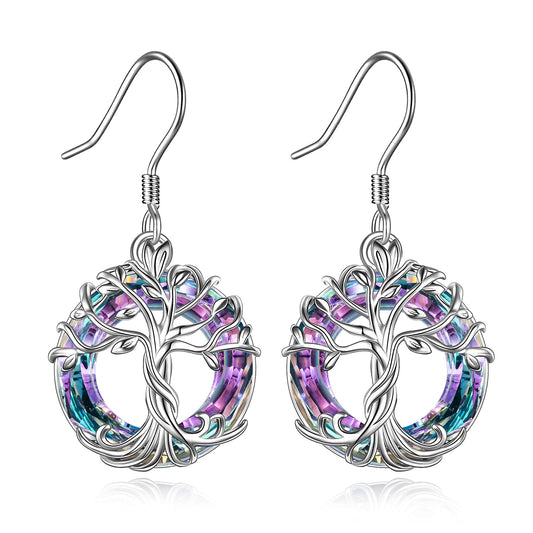 TOUPOP Tree of Life Earrings for Women Sterling Silver Family Tree Drop Dangle Earrings Purple Circle Crystal Jewelry Birthday Mothers Day Gifts for Women Mom Her