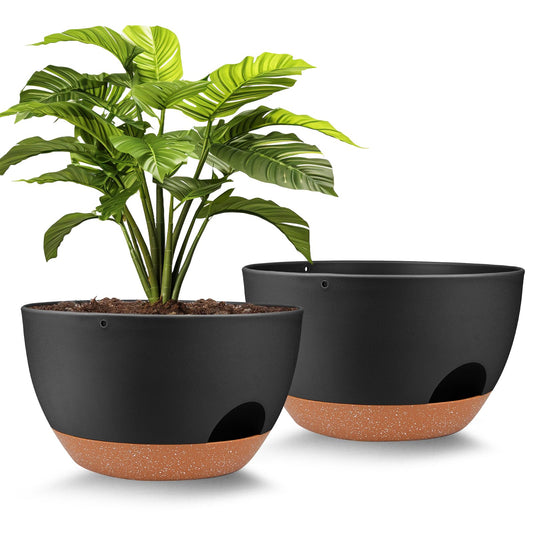 Vanslogreen Plant Pots 12inch Self Watering Pots, Set of 2 Plastic Planters with Drainage Holes and Saucers, Flower Pots for Indoor Outdoor Plants (Black)