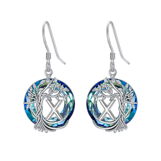 TOUPOP Tree of Life Initial Earrings Sterling Silver Initial X Letter Drop Dangle Earrings Blue Circle Crystal Family Tree Jewelry Birthday Mothers Day Gifts for Women Mom Her