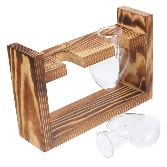 FONDOTIN Tabletop Hydroponic Terrarium with Wooden Stand Elegant Glass Planter for Office Desk Rustic Water Vase for Plants and Flowers Vintage Style Decor for Home and Garden