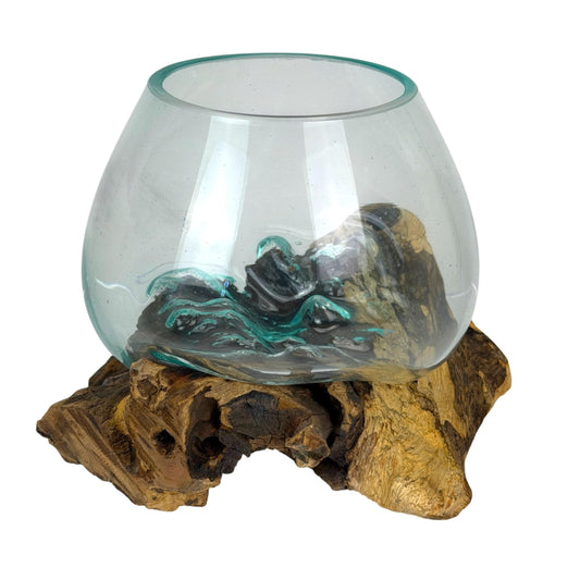 Zeckos Planter Terrarium with Molten Glass Bowl on Driftwood Base, Coastal Wood and Glass Tabletop Planter, 7.5 X 7 X 6 Inch Freestanding Indoor Accent for Succulents or Air Plants