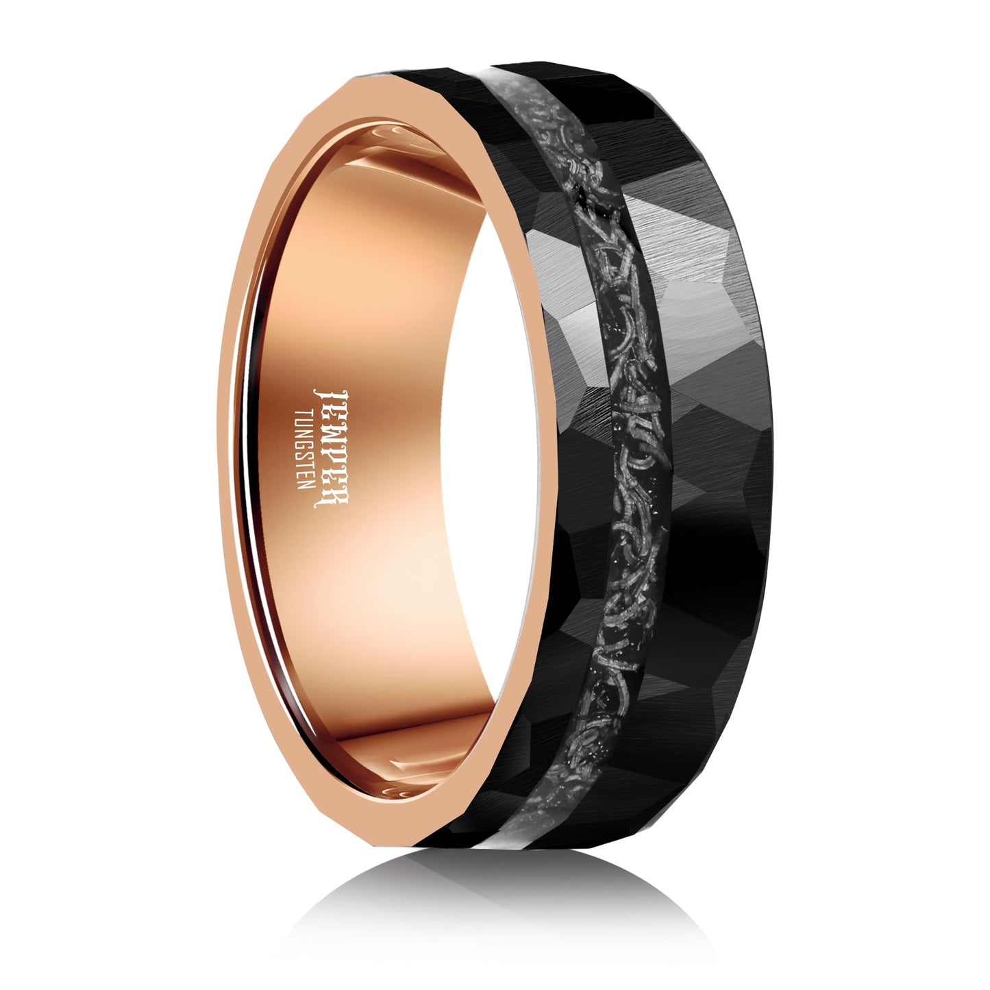 JEWPER 8mm Men Womens Wedding Band Tungsten Rings black rose gold Hammer pattern Fashion Promise Carbide Inlaid Iron Filings Matte Finish Edge Comfort Fit size(7)