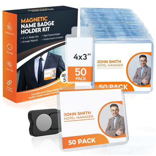 50 Pack of 4x3 Magnetic Name Badge Holders (White Printable Inserts Included) Customizable Magnetic Name Tags for Office, Conventions, School, and Events - Durable and Clear Plastic Name Tag Holder