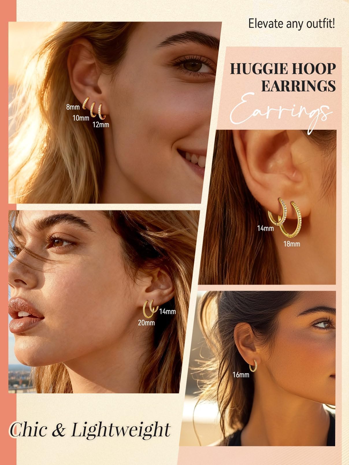 FaithHeart Cubic Zirconia Hoop Earrings for Women, 14K Gold Hypoallergenic Huggie Hoop Earrings, Small Cartilage Earrings for Women 16mm, Send Gift Box