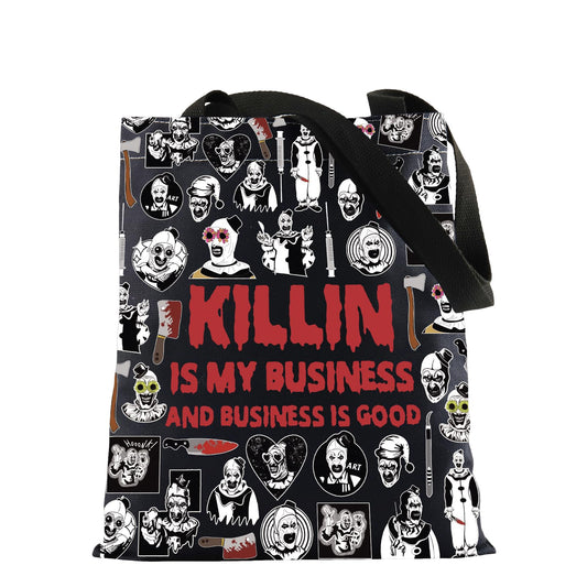 KUIYAI Clown Movie Merchandise Inspired Tote Bag KillerClown Canvas Bag Horror Movie Lover Gift Art Scary Clown Character Gift (BusinessGoodToteBlk)