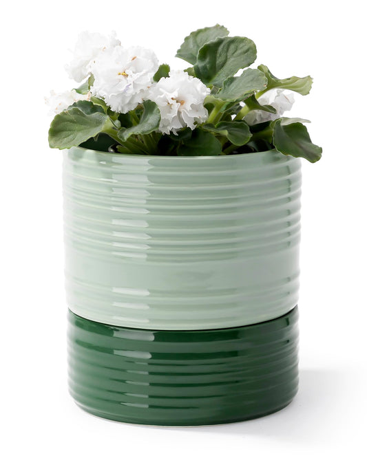 Fayoula Self Watering Pots for Indoor Plants, 6 Inch Ceramic Self Watering Plant Pot, Planter Pot with Wick Rope and Drainage Hole for African Violet Succulent Herbs (Green Light)