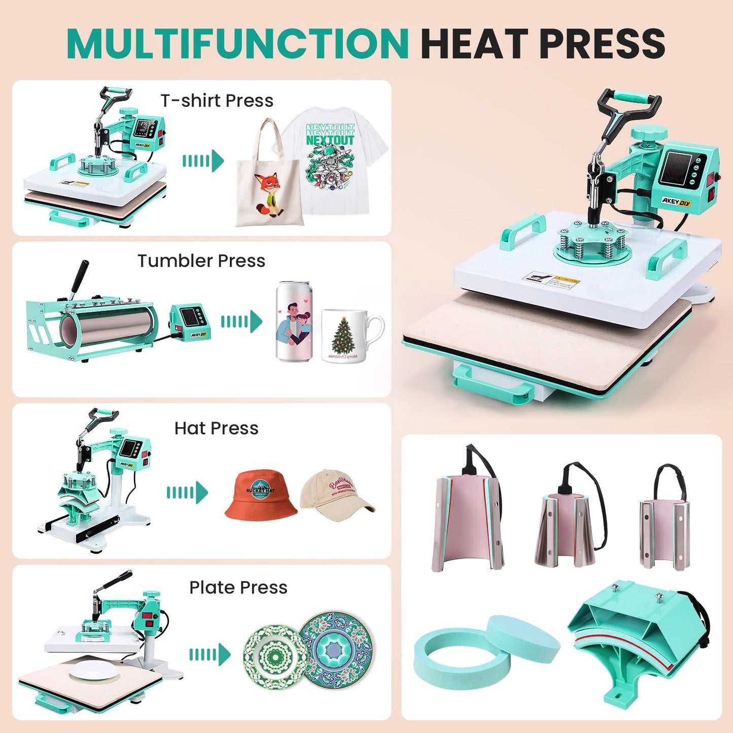 15x15 Heat Press Machine, 8in1 Multi-Purpose Heat Press with 11-30oz Tumbler/Mug/Hat Press, 360° Swing Away/Slide Out Sublimation Tshirt Combo, DIY Heats Transfer Press Vinyl