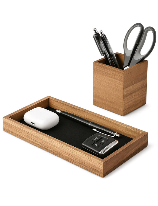 HULISEN Wooden Desk Organizer Tray with Pen Holder, Non-Slip Desk Tray and Pencil Holder Set with Felt Lined, Desktop Accessories for Home Office Workspace Organization