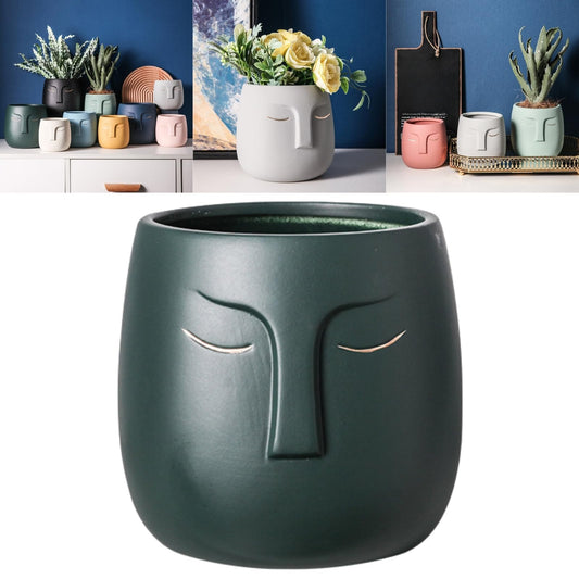 Boxonly Face Planter (Forest Green, Small, with Hole, Without Tray) - Ceramic Plant Pot for Succulents, Flowers, and Small Plants - Nordic Minimalist Vase for Indoor and Outdoor Home Decor